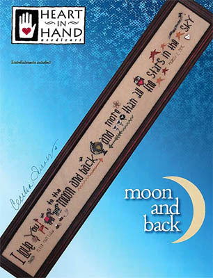 A professional cross-stitch chart for an extra-long panoramic sampler titled 'Moon and Back.' The design features a high-definition horizontal layout with the inspirational text 'I love you to the moon and back and more than all the stars in the sky.' The typography is accompanied by whimsical celestial motifs like moons and stars.