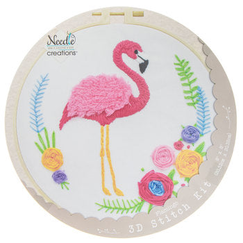 A 3D embroidery kit depicting a flamingo with flowers and leaves on a circular white fabric panel.