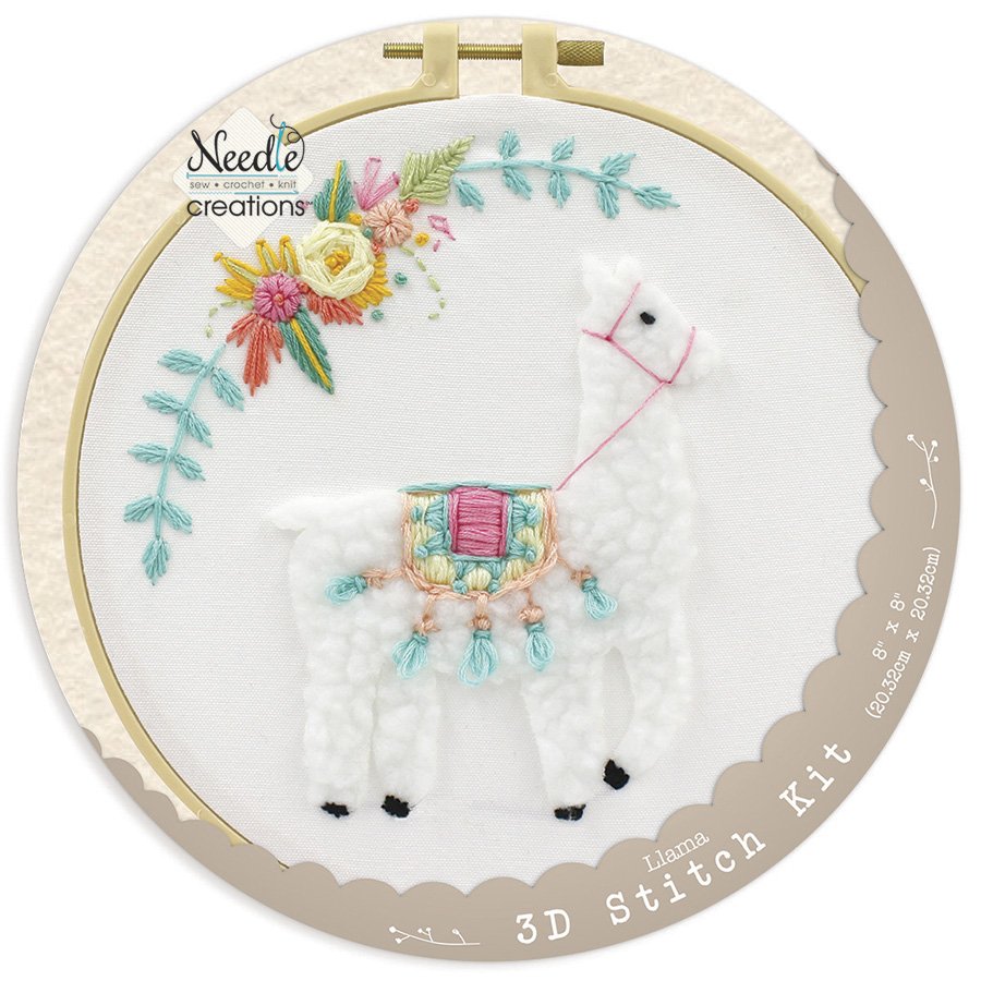A 3D embroidery kit depicting a white llama with blue and green details, surrounded by a floral pattern, inside an 8-inch plastic embroidery hoop.