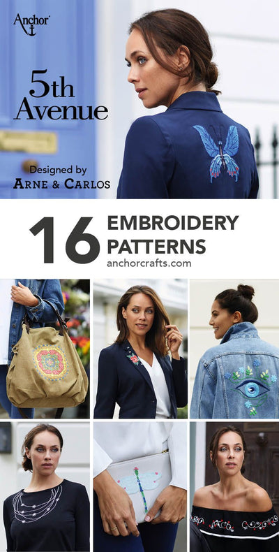 A vibrant floral and bird embroidery chart from the 5th Avenue book, showcasing the detailed Nordic design style."