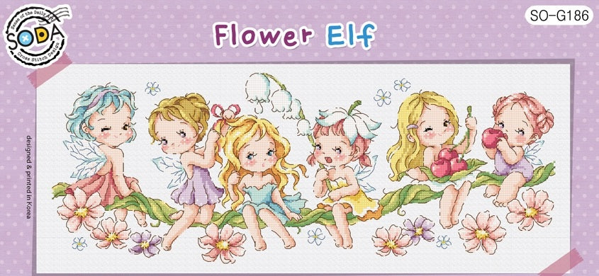 A colorful cross stitch kit image featuring a series of four stylized flower elf characters on a white background with floral accents.