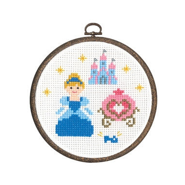 Cross stitch kit depicting a fairy tale theme with Cinderella, a castle, and magical symbols.

Easy Cinderella needlework Singapore, beginner character cross stitch, kids fairy tale craft kit, Japanese storybook needlecraft.