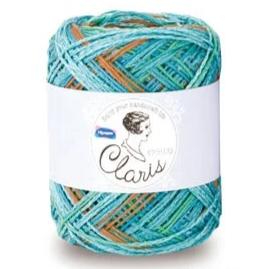 A ball of Olympus Claris yarn in blue, green, and orange hues with a label that has the brand name and a crochet hook size indication.