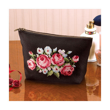 Olympus Flower Embroidery Cross Stitch Kit Flower Pouch, cloth with zipper english rose on black aida