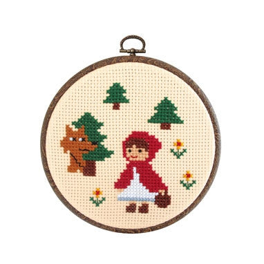 Cross stitch kit depicting Little Red Riding Hood with a forest and woodland wolf background on a 6-inch embroidery hoop.

Easy character embroidery kit Singapore, beginner fairytale needlework