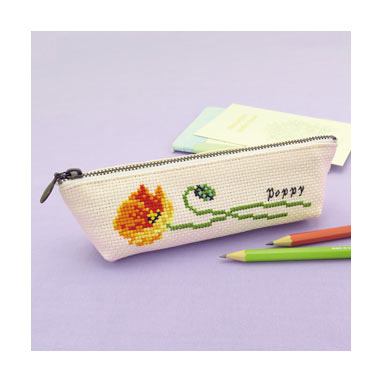 A complete Olympus cross stitch kit for a handmade pencil case, including a pre-sewn zippered pouch, 100% cotton embroidery thread, a needle, and a clear pattern chart