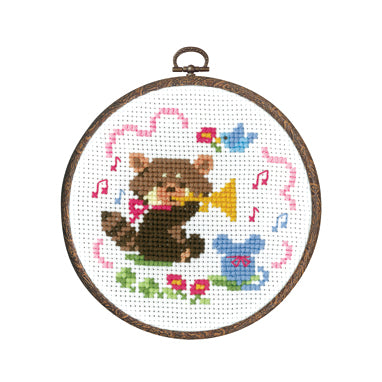 Cross stitch kit depicting a red panda playing a trumpet, surrounded by musical notes and flowers, framed in a wooden hoop.

Olympus Japan Red Panda Concert cross-stitch kit packaging featuring a cute red panda with musical instruments and a 6-inch blue embroidery hoop