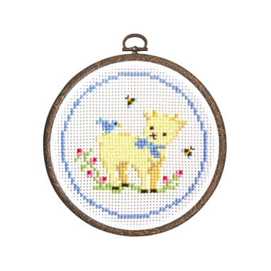 A finished Sheep and Bird project framed in its 6-inch hoop, Olympus Sheep and Bird Cross Stitch, Forest Animal Embroidery Kit, Beginner Cross Stitch Kit with Hoop, 9 Count Aida Kit, Japanese Animal Cross Stitch.