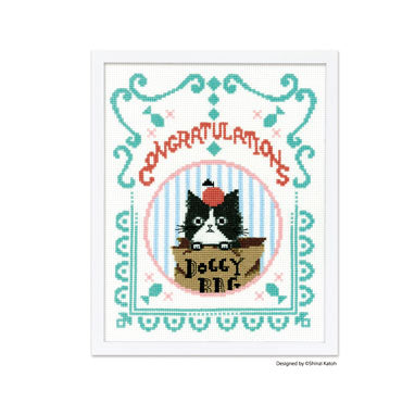 An Olympus cross-stitch kit featuring the whimsical 'Chaton Chaton Muzu' cat designs by Shinzi Katoh. The kit includes 14-count Aida cloth, a vibrant palette of embroidery threads, a needle, and a clear pattern sheet with Katoh’s signature playful cat motifs, all imported from Japan