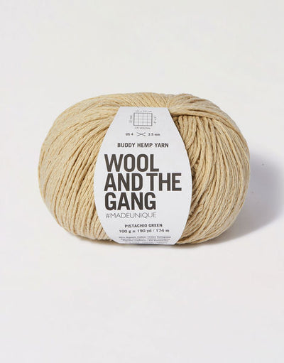 Wool and the Gang Buddy Hemp, Hemp Cotton Blend Yarn, Sustainable Summer Yarn, Eco-Friendly Crochet Fiber in pistachio green colour.