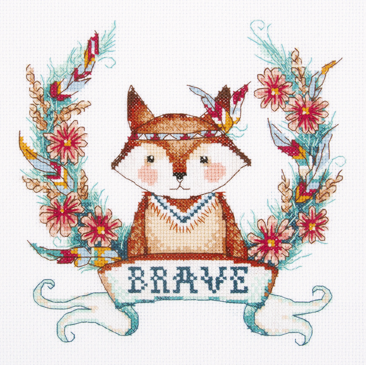 Cross stitch kit depicting a colorful fox design within a floral pattern, with the word 'Brave' at the bottom