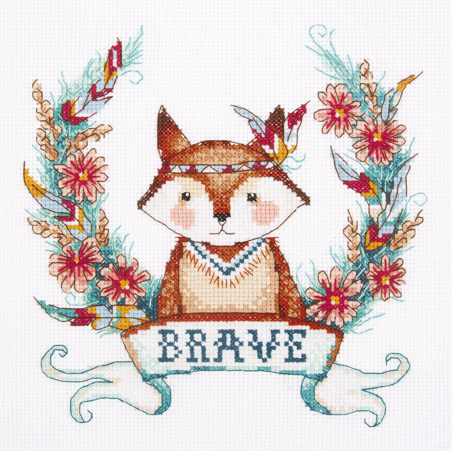 Cross stitch kit depicting a colorful fox design within a floral pattern, with the word 'Brave' at the bottom