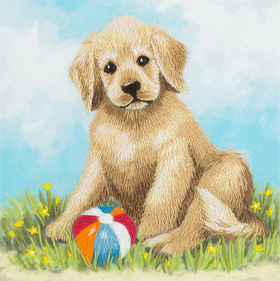 A specialized embroidery kit by Panna titled 'True Friend.' The design features a heartwarming, summery scene centered around a loyal dog. The kit includes fabric with a pre-printed design for easy stitching, a curated selection of vibrant embroidery threads, a needle, and clear English instructions. The finished embroidery is a 12cm square portrait.