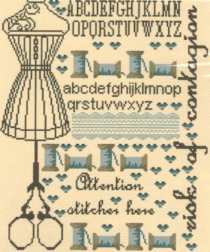 A professional cross-stitch chart by Passion des Croix titled 'Attention Brodeuse.' The design features a high-definition French-chic aesthetic, centered around a stylish woman engaged in needlework, surrounded by ornate decorative borders, alphabets, and sewing-themed motifs. The layout is elegant and structured, typical of classic European samplers.