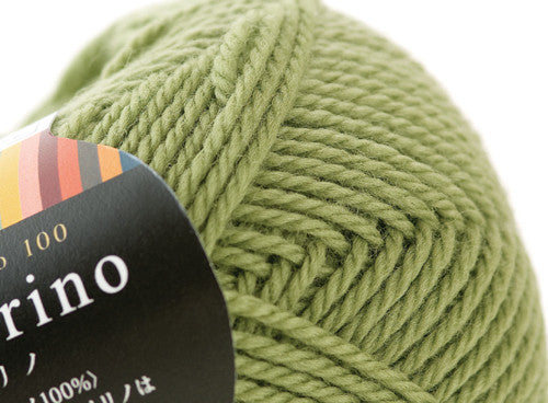 A 30g skein of Pierrot Fine Merino yarn in a soft matte finish, showing the delicate, tightly twisted 100% extra fine merino wool in wasabi green colour
