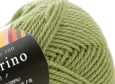 A 30g skein of Pierrot Fine Merino yarn in a soft matte finish, showing the delicate, tightly twisted 100% extra fine merino wool in wasabi green colour