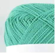 A 30g ball of Pierrot New Shine Cotton yarn made in Japan, showing the lustrous finish and smooth, tightly twisted 100% cotton fibers in Nile Green colour