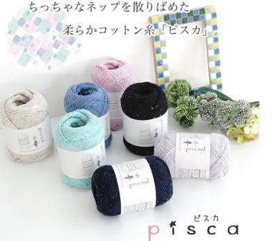 A collection of Pierrot Pisca yarn skeins in various colors displayed alongside a knitting needle and crochet hook.