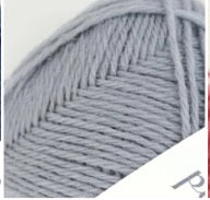 A 40g skein of Pierrot Pure Wool, 100% wool yarn made in Japan, featuring a smooth, balanced twist for knitting and crochet in silver grey