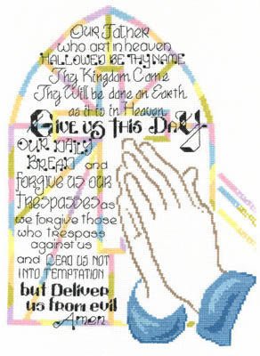 A professional-grade cross-stitch kit featuring the 'Praying Hands' design and the full text of the Lord's Prayer. The high-definition imagery showcases classically rendered praying hands centered or alongside the prayer: 'Our Father who art in Heaven...'