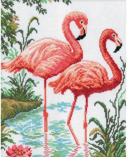 A detailed cross-stitch kit from RTO featuring a pair of pink flamingos standing elegantly in a wetland environment. The design captures the soft reflections in the water and lush greenery. The kit includes 14-count white Aida fabric, premium DMC 100% cotton embroidery floss, a needle, and a clear pattern chart.