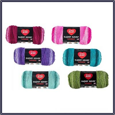 A collection of Red Heart Super Saver Ombre Yarn skeins in various colors.