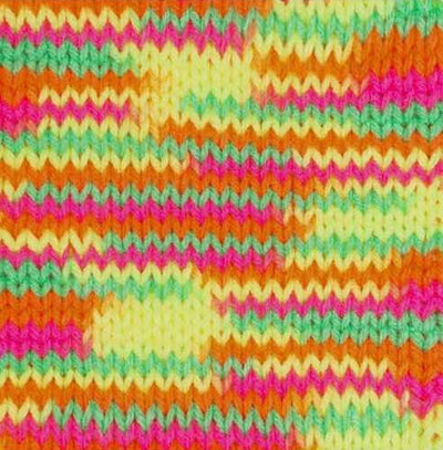 A 5oz (141g) skein of Red Heart Super Saver yarn; a machine-washable and dryable yarn perfect for long-lasting home decor and charity knitting. in Neon pink, green yellow brightly colored yarn