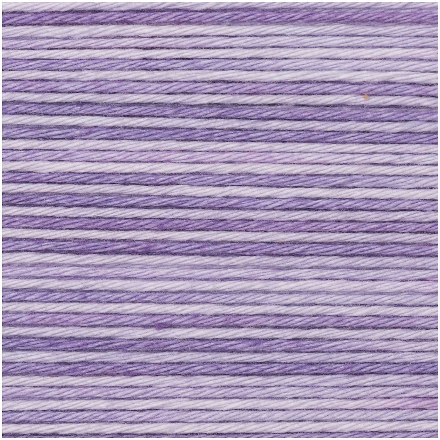 Close-up of the smooth, matte finish of the Baby Cotton Soft Print yarn, showing the clean ply and vibrant 'print' color transitions from purple to lilac