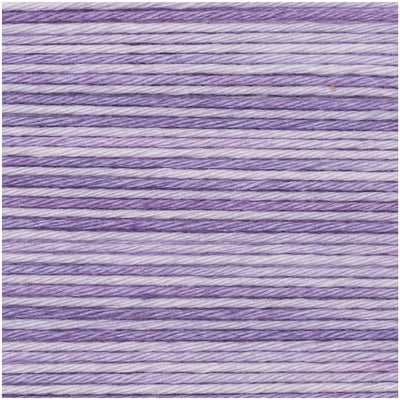 Close-up of the smooth, matte finish of the Baby Cotton Soft Print yarn, showing the clean ply and vibrant 'print' color transitions from purple to lilac