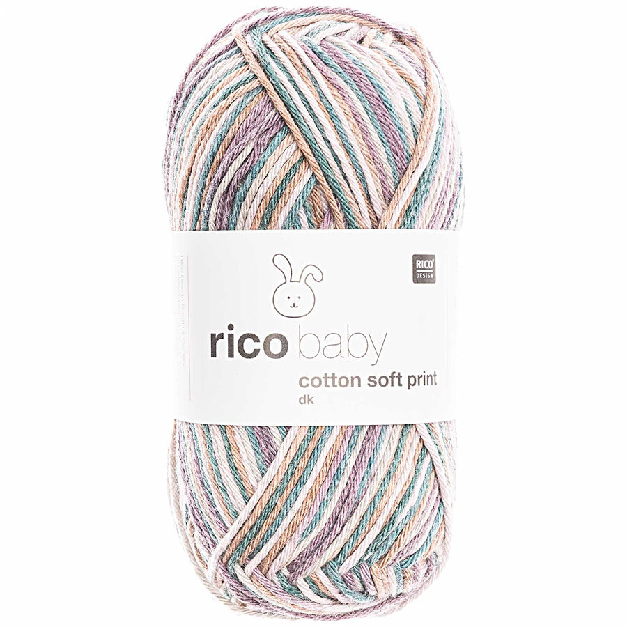 A skein of Rico Baby Cotton Soft Print DK yarn in a variegated pink, blue, green, and white color pattern. 
Rico Baby Cotton Soft Print DK (50g) – Ultra-Soft, Self-Patterning Cotton Blend for Baby & Toddler Knits, in multicolour teal 