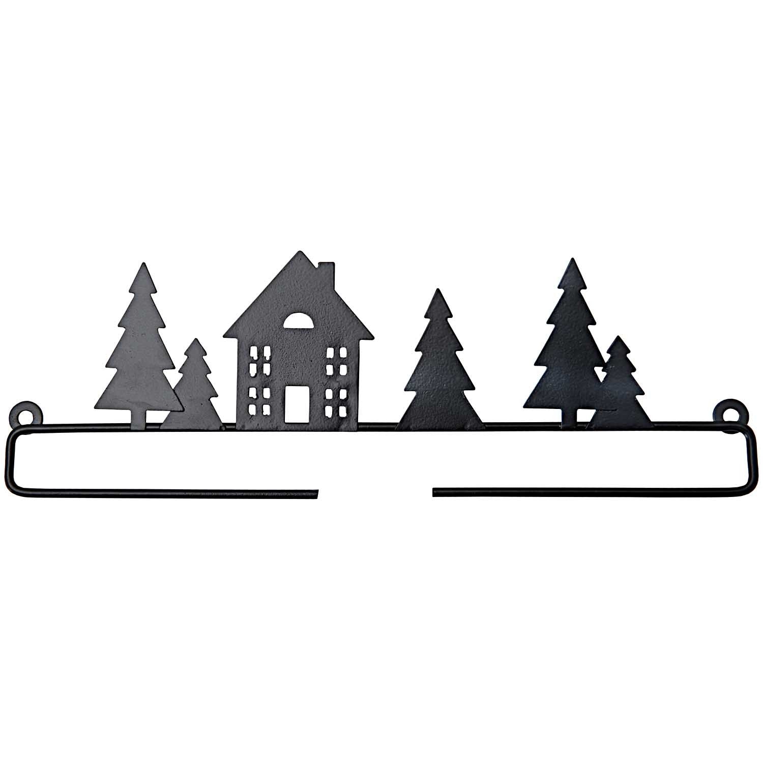 A sleek black metal display hanger from Rico Design featuring a decorative pine tree motif at the top. The hanger consists of a horizontal bar designed to slide through a fabric sleeve or clip onto a finished project
