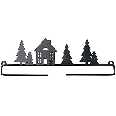 A sleek black metal display hanger from Rico Design featuring a decorative pine tree motif at the top. The hanger consists of a horizontal bar designed to slide through a fabric sleeve or clip onto a finished project