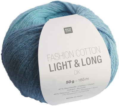 A ball of Rico Fashion Cotton Light & Long DK showing a beautiful gradient transition from light to dark blue