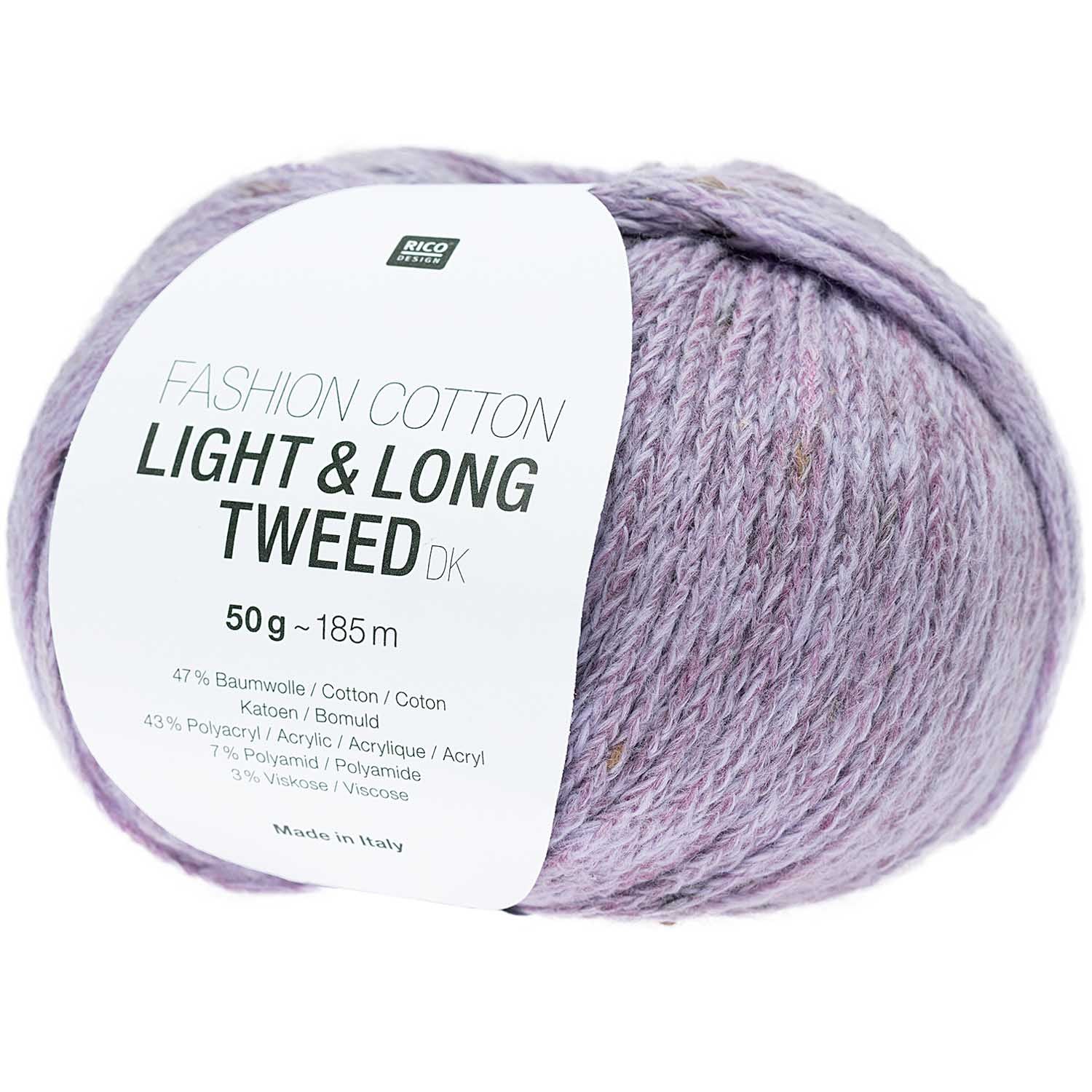A ball of Rico Design Fashion Cotton Light & Long Tweed DK yarn in purple color. 
From pale lilac to deep plum, accented with delicate multicolored tweed flecks throughout the strand