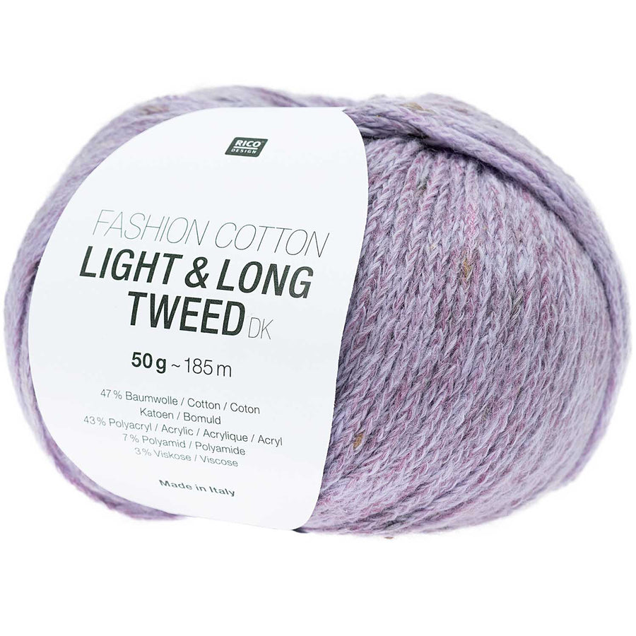 A ball of Rico Design Fashion Cotton Light & Long Tweed DK yarn in purple color. 
From pale lilac to deep plum, accented with delicate multicolored tweed flecks throughout the strand