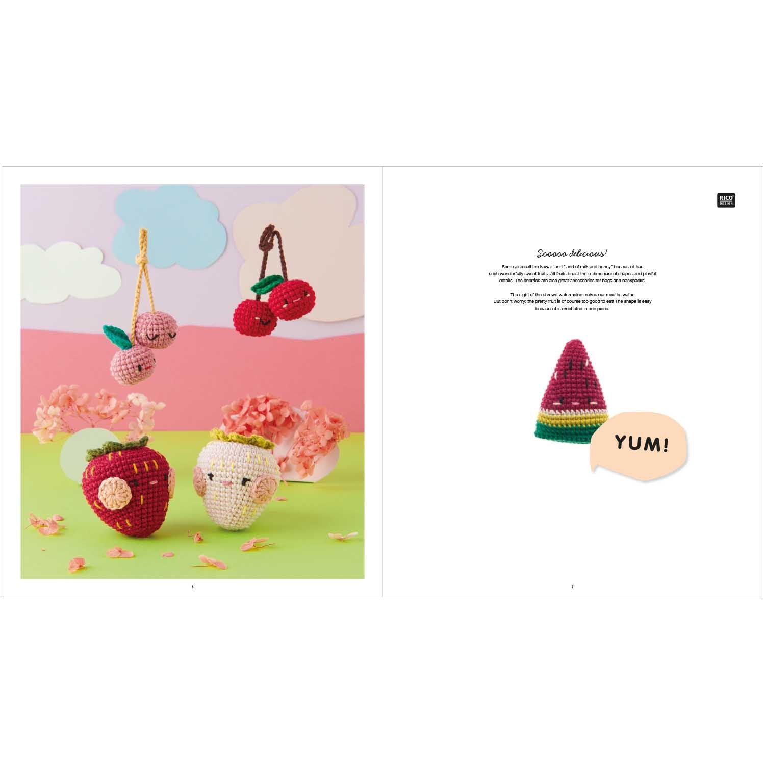 A vibrant interior spread showing a collection of crochet watermelon slices, cherries, and apples, all with tiny pink cheeks and smiling faces