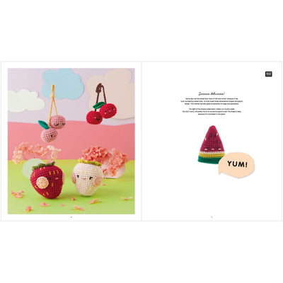 A vibrant interior spread showing a collection of crochet watermelon slices, cherries, and apples, all with tiny pink cheeks and smiling faces