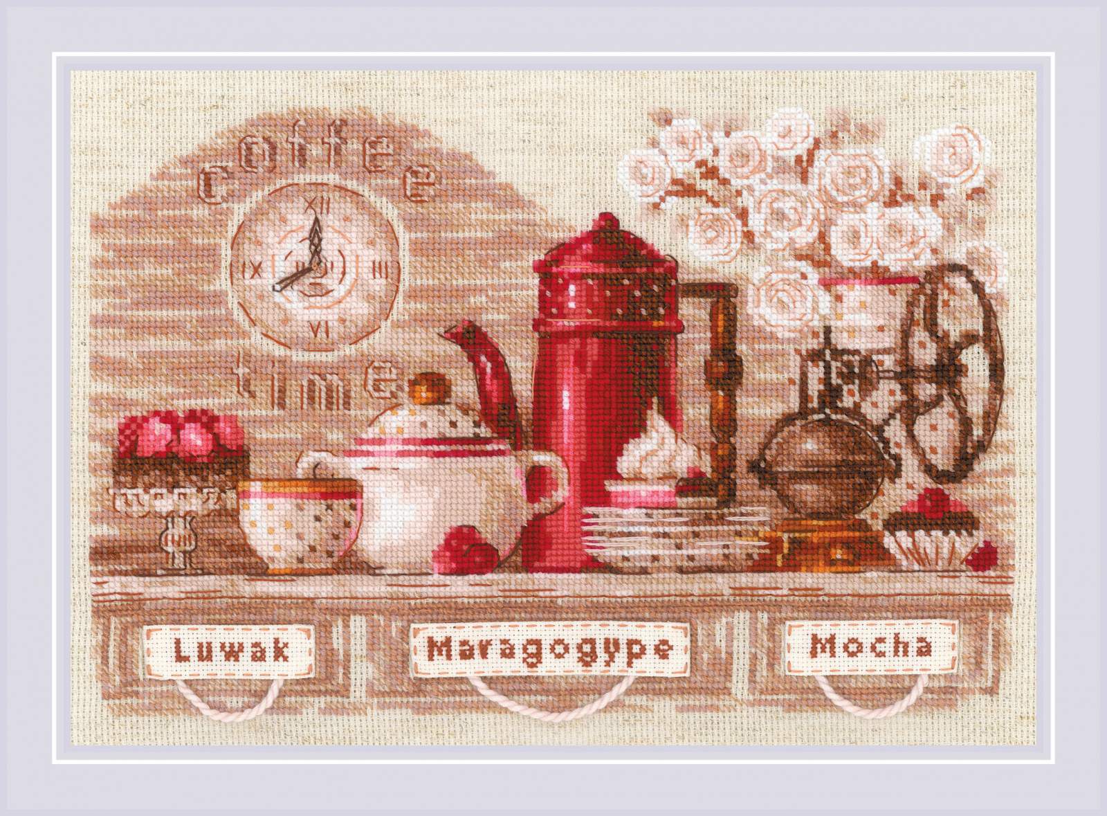 A charming and detailed cross-stitch kit from Riolis titled 'Coffee Time.' The design features a nostalgic, shabby-chic scene of coffee-making essentials, including a French press, porcelain cups, and pastries in soft, warm tones. The kit includes premium 14-count flaxen Zweigart Aida fabric, high-quality stranded cotton threads, a needle, and a color chart. The finished design measures 11.75 inches wide by 8.25 inches high.
