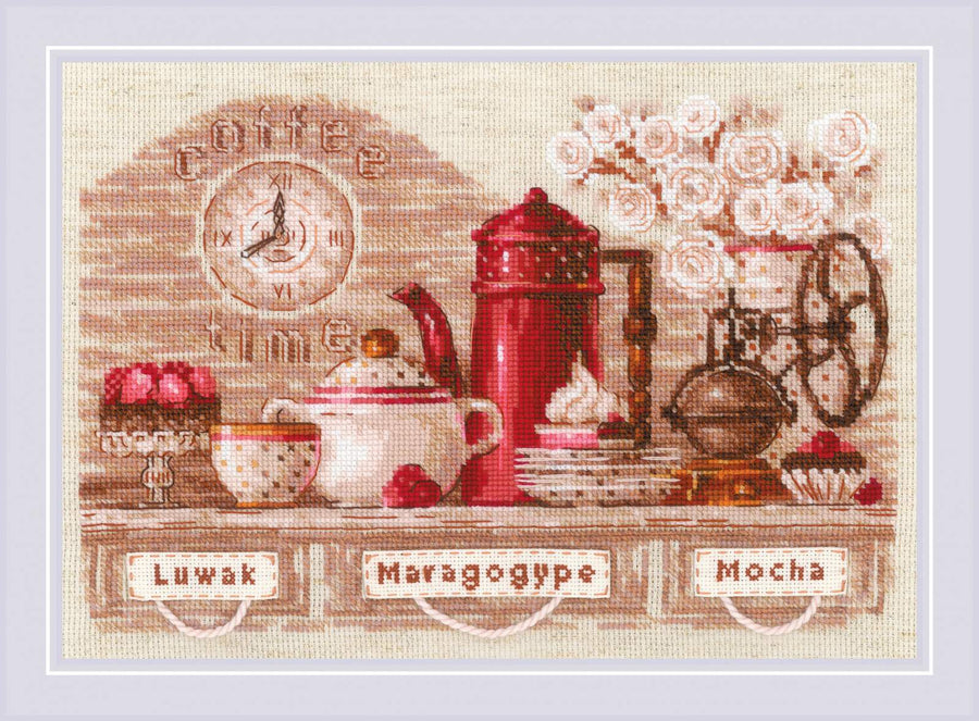 A charming and detailed cross-stitch kit from Riolis titled 'Coffee Time.' The design features a nostalgic, shabby-chic scene of coffee-making essentials, including a French press, porcelain cups, and pastries in soft, warm tones. The kit includes premium 14-count flaxen Zweigart Aida fabric, high-quality stranded cotton threads, a needle, and a color chart. The finished design measures 11.75 inches wide by 8.25 inches high.