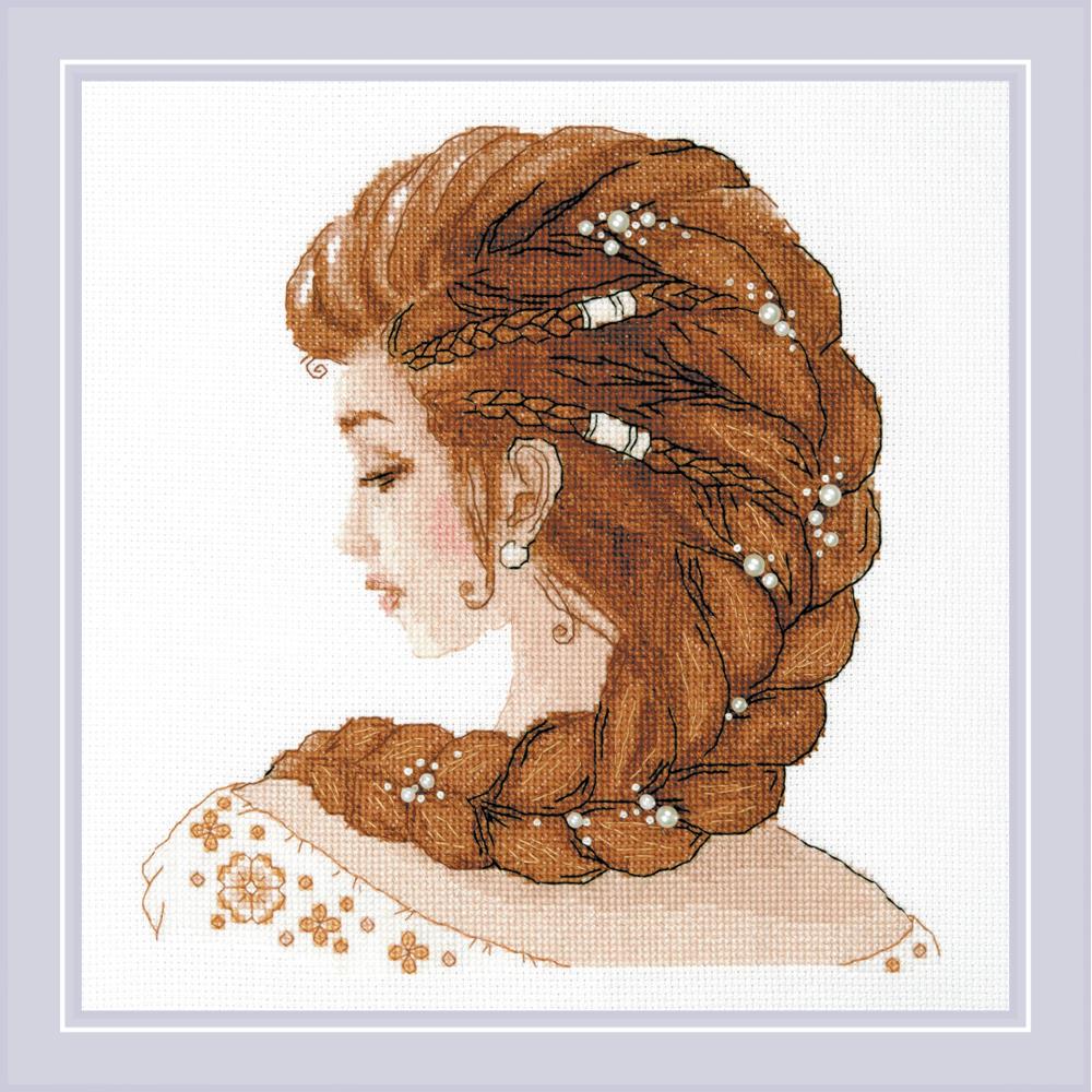 Cross stitch kit image featuring a woman with braided hair and beads.