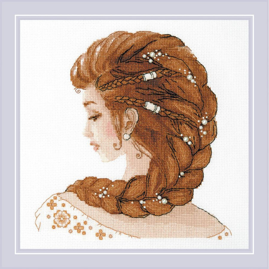 Cross stitch kit image featuring a woman with braided hair and beads.