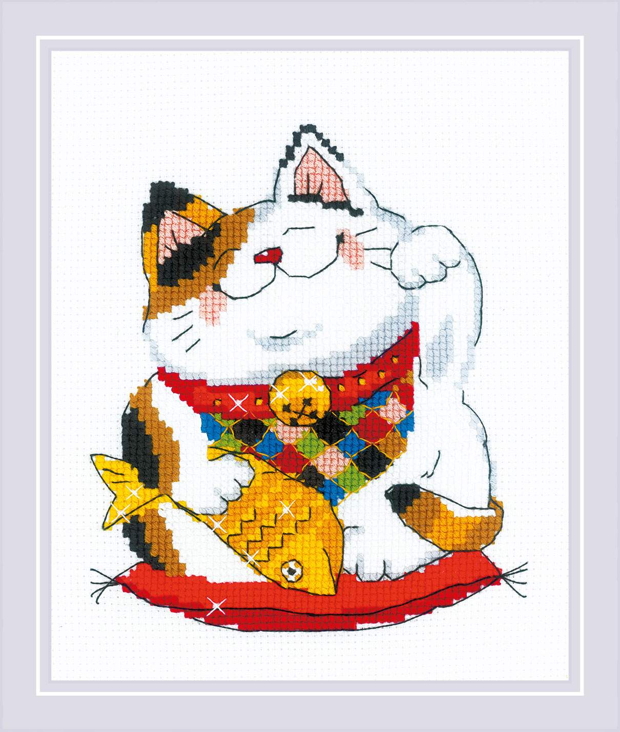 A vertical-format cross-stitch kit from Riolis featuring a whimsical 'Good Luck Cat' (Maneki-neko) with its paw raised in a beckoning gesture. The design is bright and illustrative, incorporating traditional symbols of luck and wealth in a vibrant palette of 11 colors. The kit includes premium 14-count Zweigart white Aida fabric, stranded cotton threads, a needle, and a color chart. The finished design measures 6 inches wide by 7 inches high