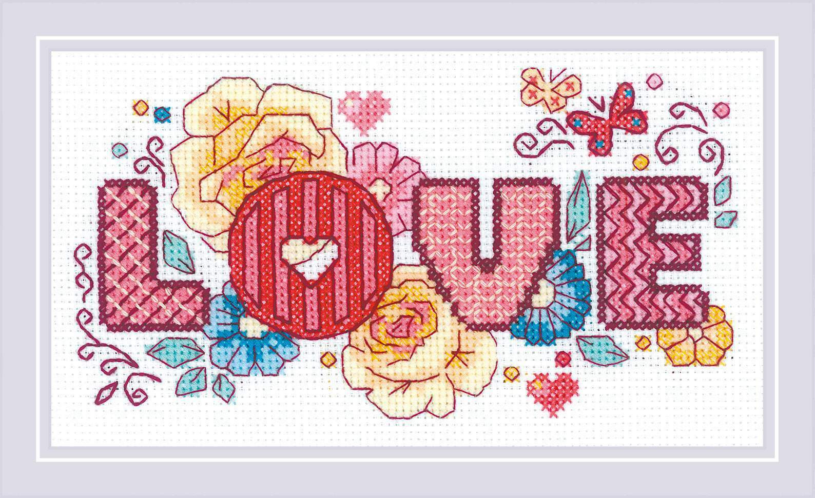 A romantic and floral cross-stitch kit from Riolis featuring the word 'Love' written in a graceful script, embellished with colorful flower blossoms and greenery. The kit includes premium 14-count white Zweigart Aida fabric, high-quality stranded cotton threads, a needle, and a color chart. The finished design is a slender landscape measuring 7 inches wide by 4 inches high