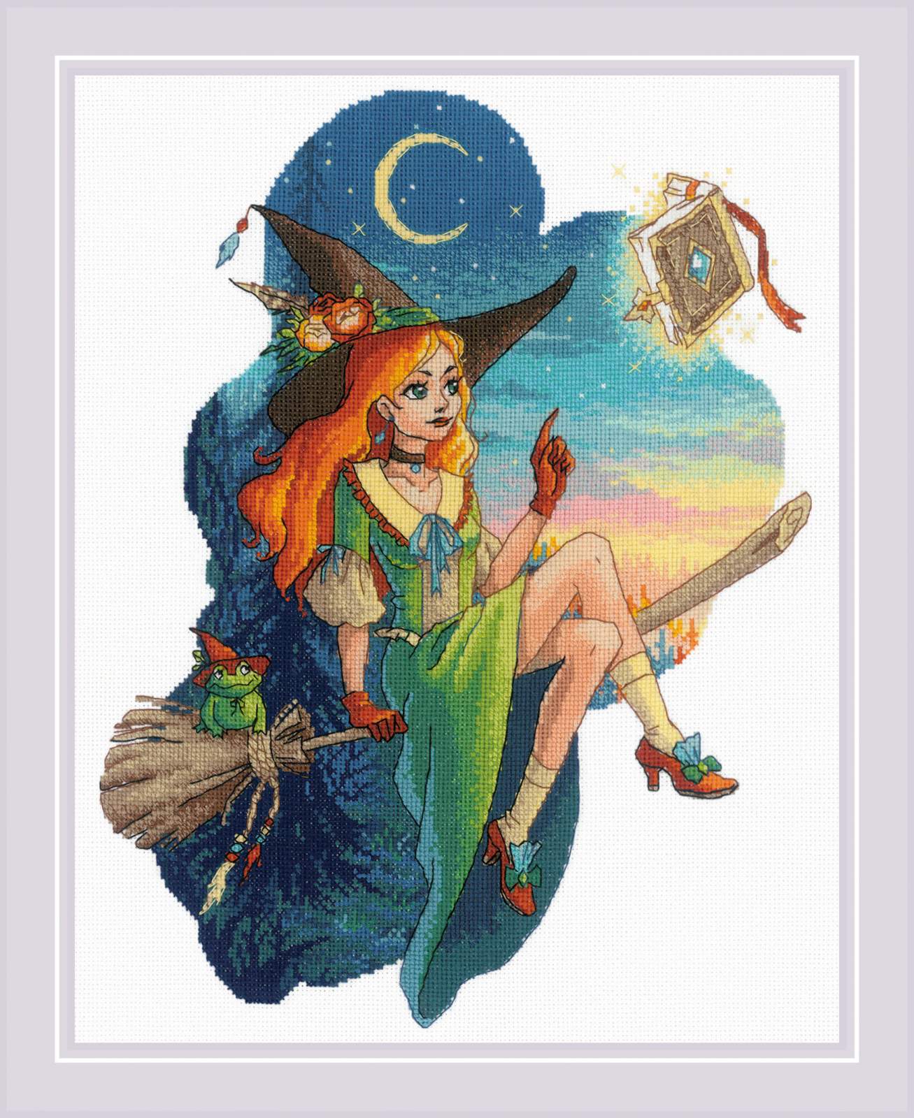 Cross stitch kit image featuring a young witch with red hair sitting on a broom, reading a book, with a moon and stars background.