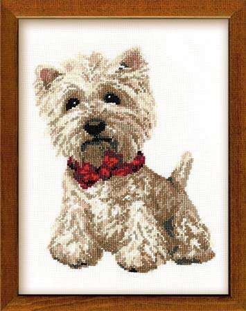 A realistic cross-stitch kit from Riolis featuring a West Highland White Terrier. The design captures the detailed texture of the dog's white fur and its expressive dark eyes. The kit includes 16-count white evenweave fabric, stranded cotton threads, a needle, and a full-color chart. The finished portrait measures approximately 7 3/4 inches wide by 10 1/4 inches high