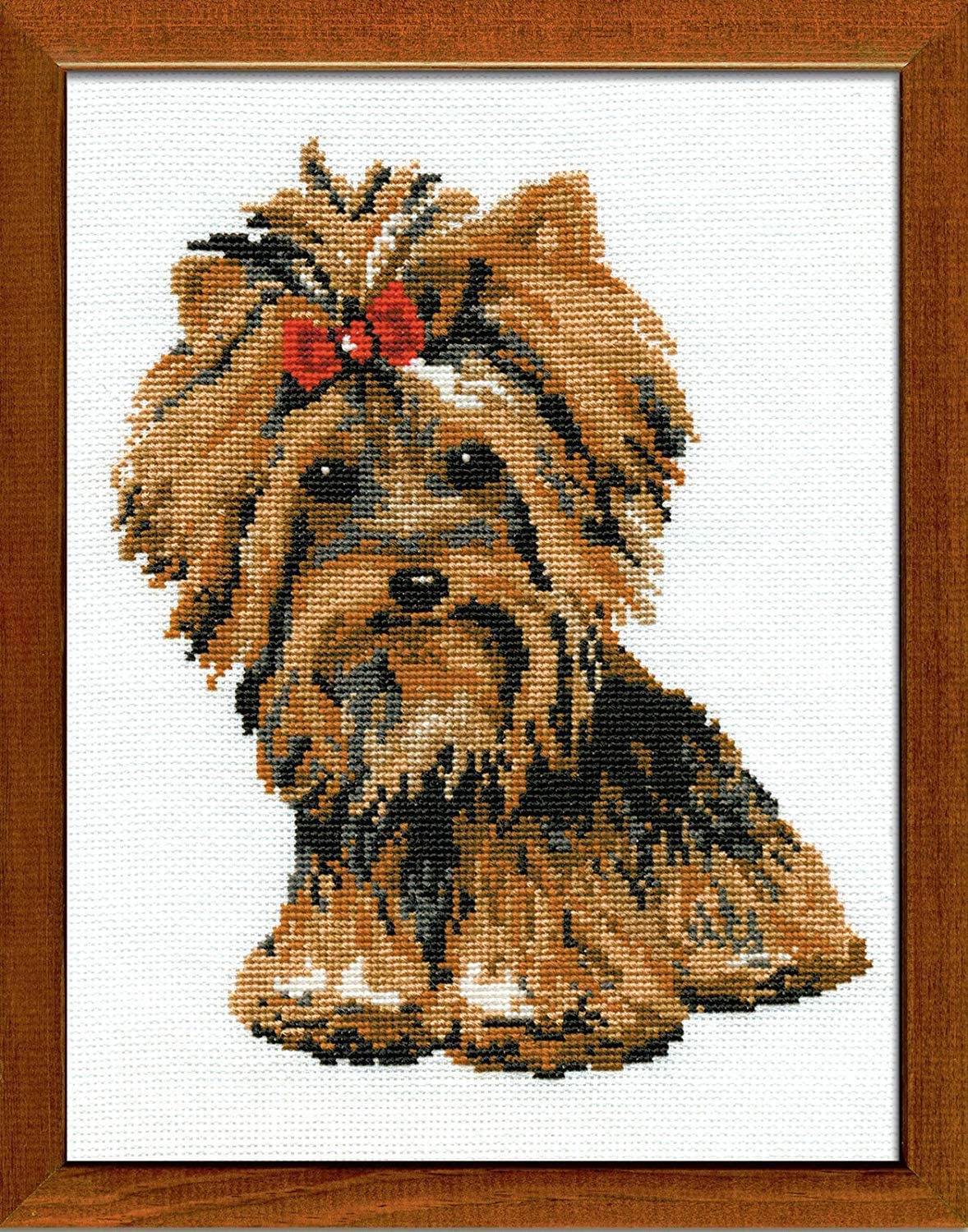 A highly detailed and realistic cross-stitch kit from Riolis featuring a Yorkshire Terrier. The design showcases the dog's long, silky coat with intricate shading in tan, gold, and blue-grey tones. The kit includes 14-count white evenweave fabric, high-quality stranded cotton threads, a needle, and a clear color chart. The finished portrait measures 7 3/4 inches wide by 10 1/4 inches high