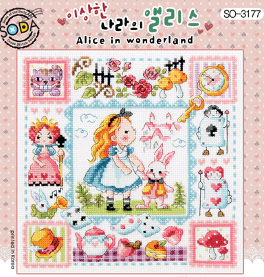 A square-format cross-stitch kit from SODA (Korea) featuring 'Alice in Wonderland.' The design shows a charming, whimsical illustration of Alice surrounded by iconic motifs like the White Rabbit, the Mad Hatter's tea set, playing cards, and mushrooms. The kit includes 14-count white Aida cloth, full skeins of DMC embroidery threads, and a needle. The finished design measures 19 cm by 19 cm