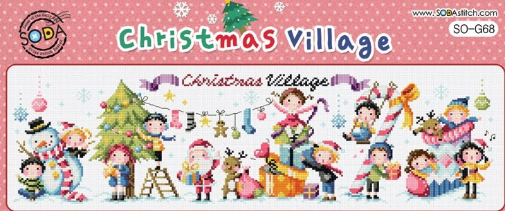 A cross stitch kit depicting a Christmas village scene with various characters and holiday decorations on a pink background.