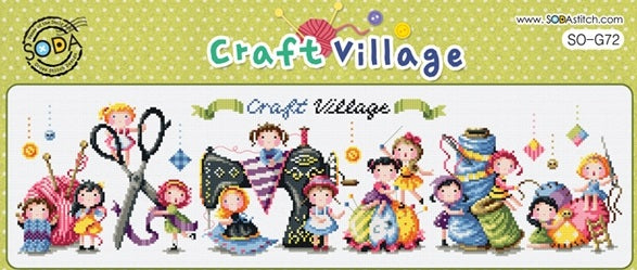 A long, panoramic cross-stitch kit from SODA (Korea) titled 'Craft Village.' The design features a whimsical row of charming shops and cottages, each representing a different craft like knitting, sewing, and weaving, in a bright and modern color palette. The kit includes 18-count white Aida cloth, full skeins of DMC embroidery threads, and a needle. The design dimensions are 293 stitches wide by 76 stitches high
