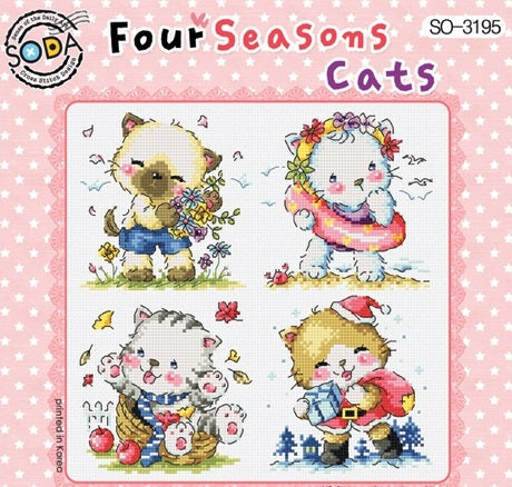 A square-format seasonal cross-stitch kit from SODA (Korea) titled 'Four Season Cats.' The design is divided into four quadrants, each showing a different cat breed interacting with seasonal elements like spring flowers, summer umbrellas, autumn pumpkins, and winter scarves. The kit includes 14-count white Aida cloth, full skeins of DMC embroidery threads, and a needle. The finished design measures 21.5 cm by 22 cm